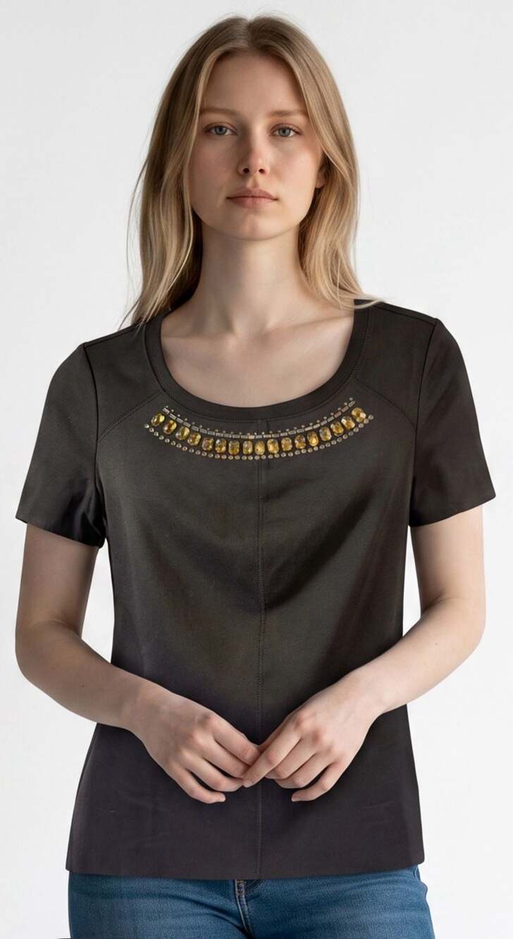 Princess Vera Wang Black Short Sleeve Jeweled Rhinestone Neckline Top